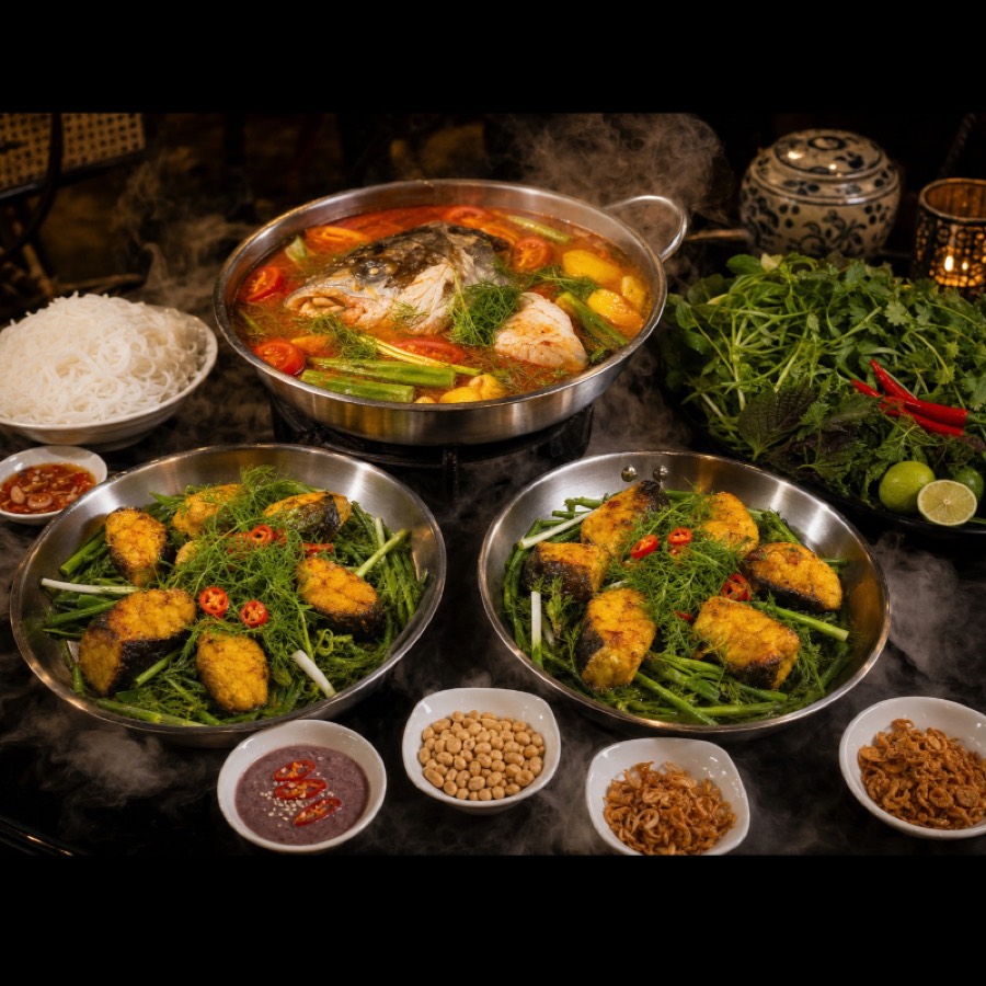 Mâm chả cá Kinh Kỳ — lẩu, chả cá, bún, rau