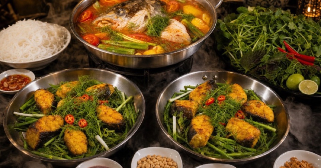 Mâm chả cá Lã Vọng tại Chả Cá Kinh Kỳ Gò Vấp